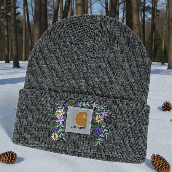 Embroidered Flowery Beanie with Purple Flowers - Picture 3 of 3